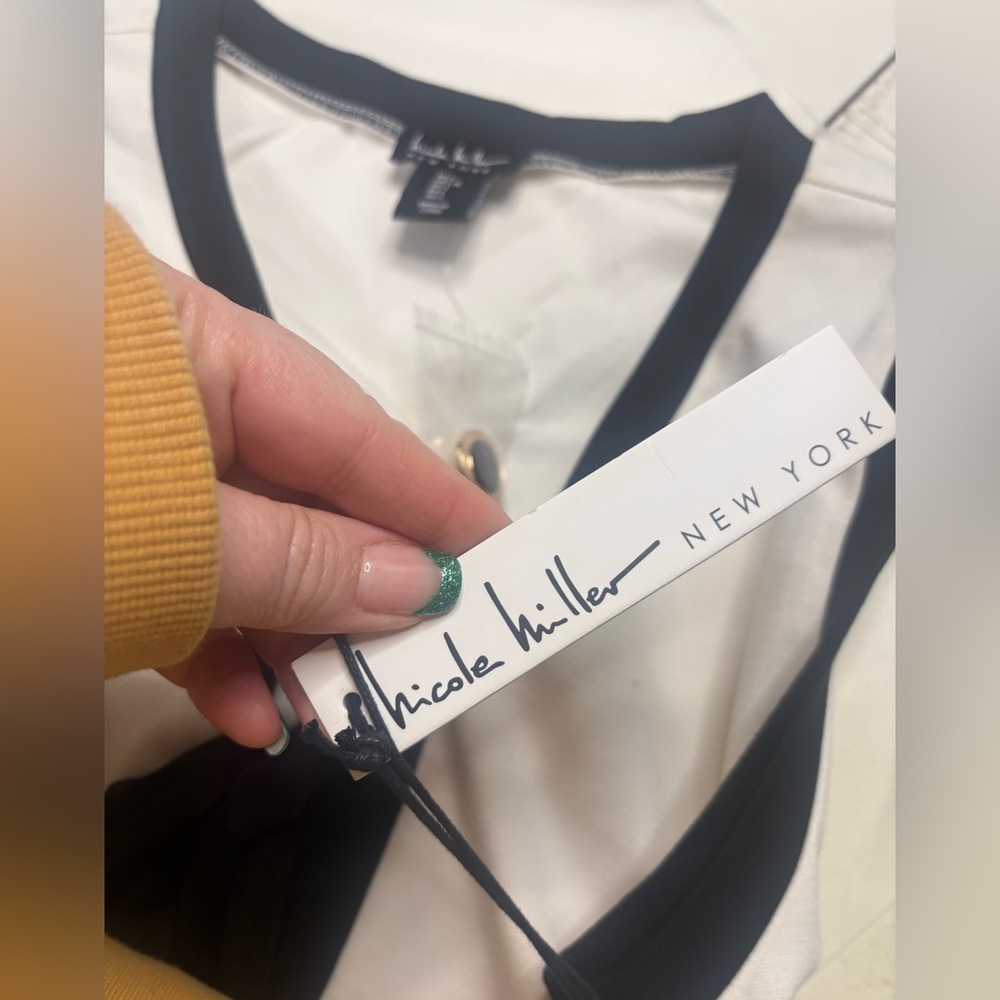 Nicole Miller Knit Midi Dress White Black Ribbon Tie Size Large 12-14 New Sailor - Picture 9 of 9